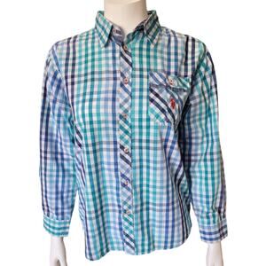 US Polo Assn Womens XL Blue Green Gingham Plaid Logo Button Down Cotton Shirt